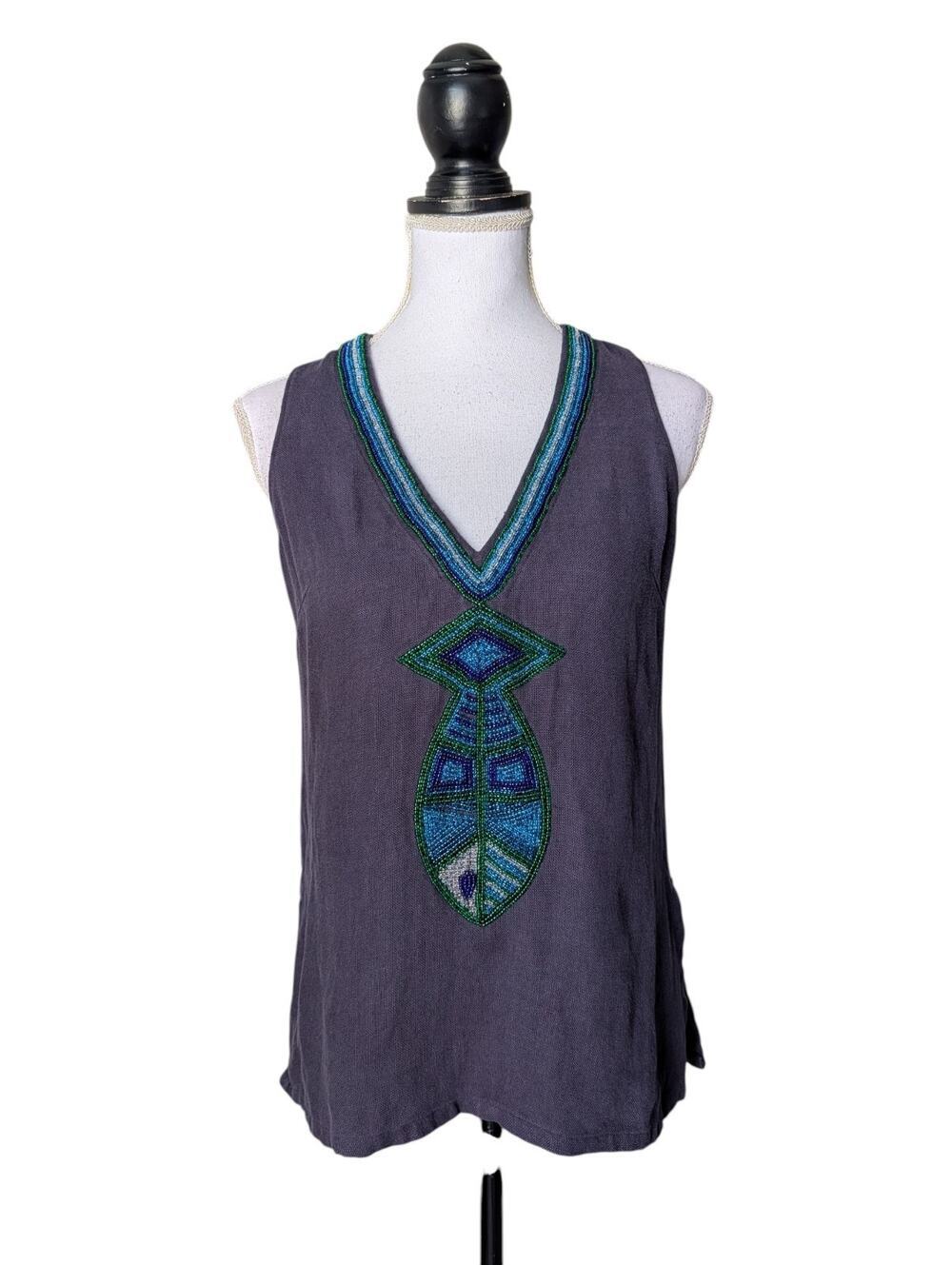 Tory Burch 100% Linen Navy Blue Beaded Fish V Neck Top Size 2 Sleeveless